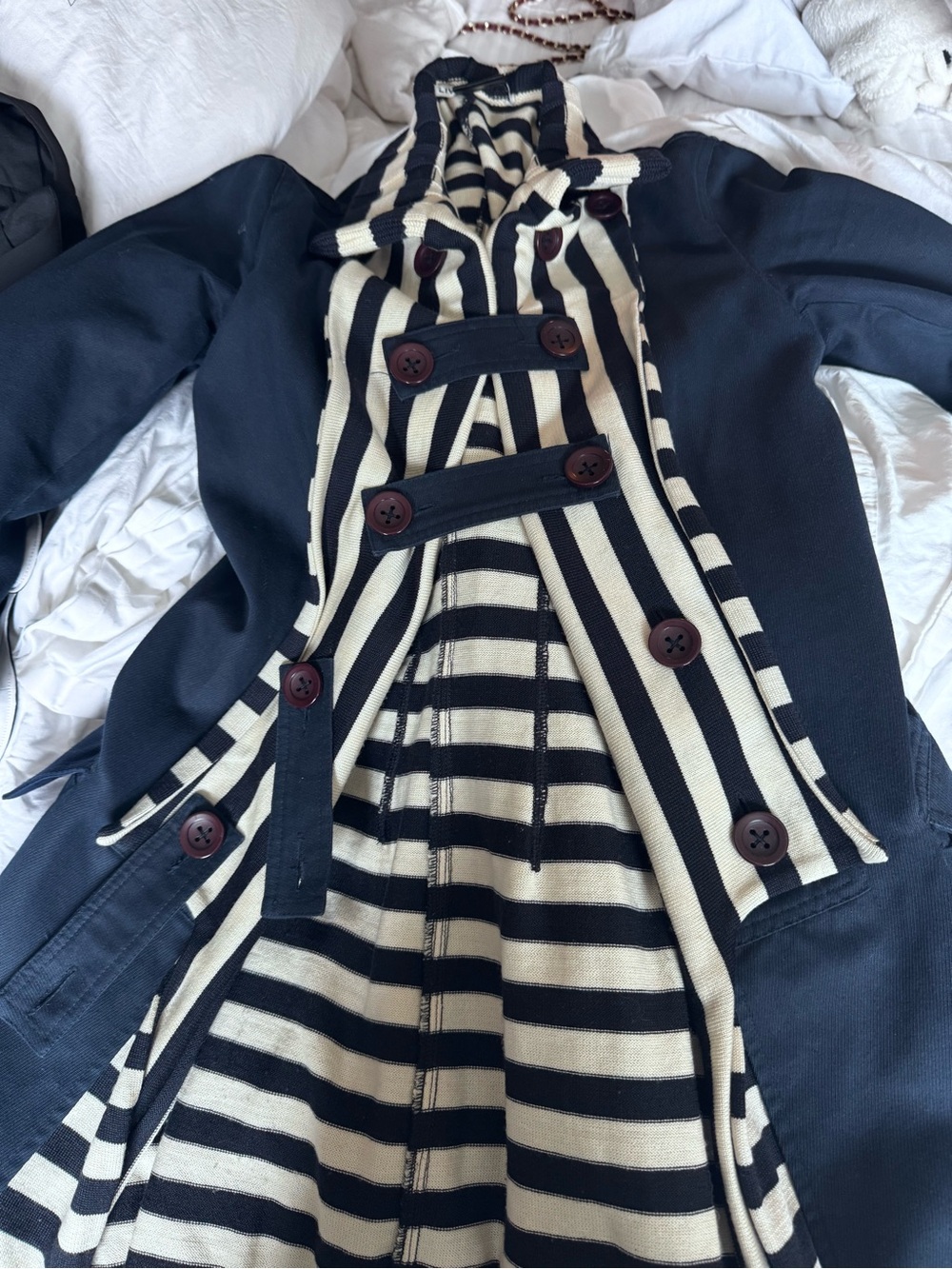 Navy and Cream Striped Lined Trench Coat Jacket